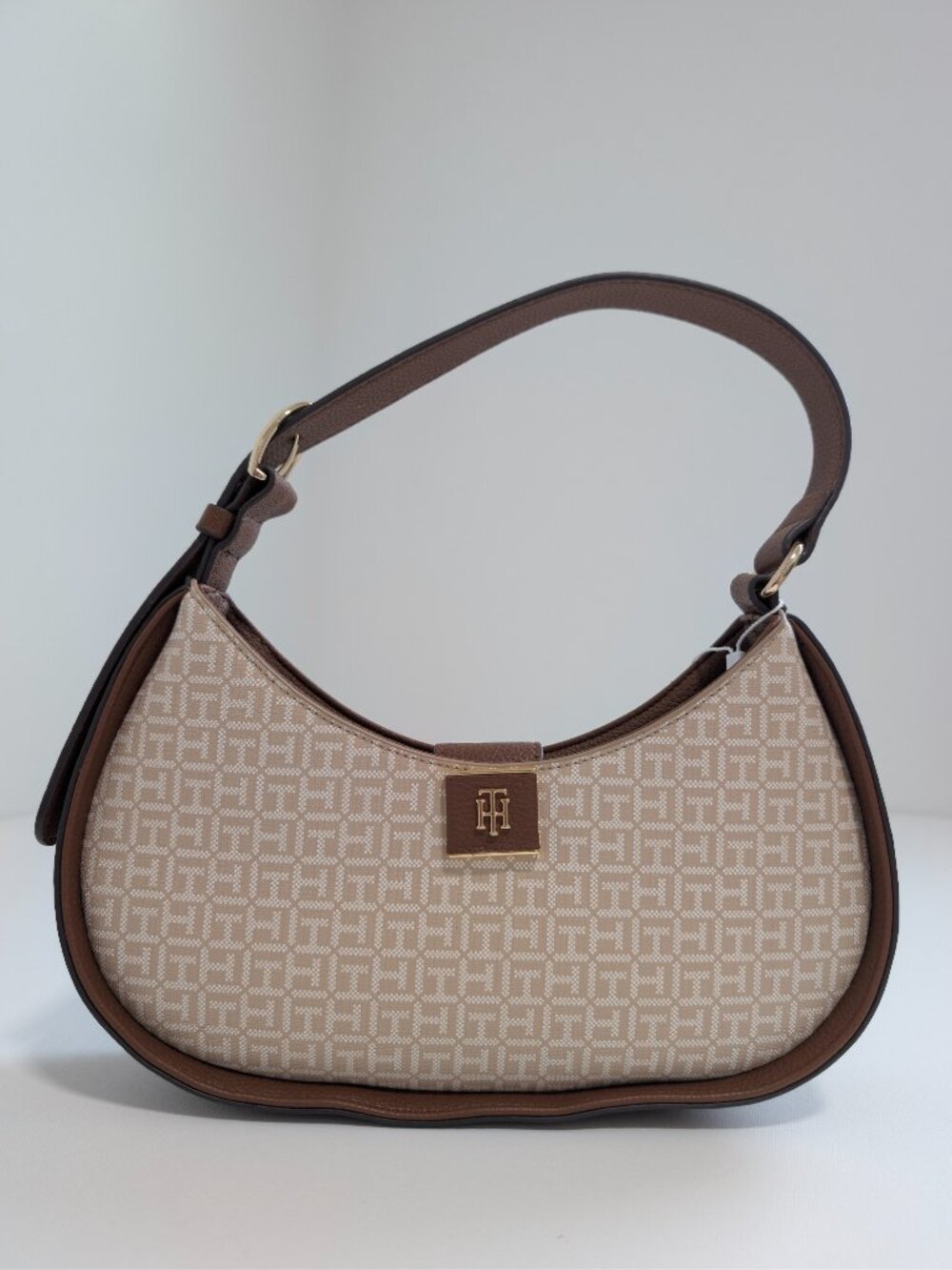 Tommy Hilfiger Monogram Logo Crescent Shoulder Bag Beige Brown Gold Hardware